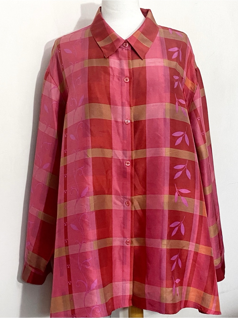 Jessica Holbrook 100% Silk Jewel Tones Plaid Floral Button-Up Shirt Blouse 3X